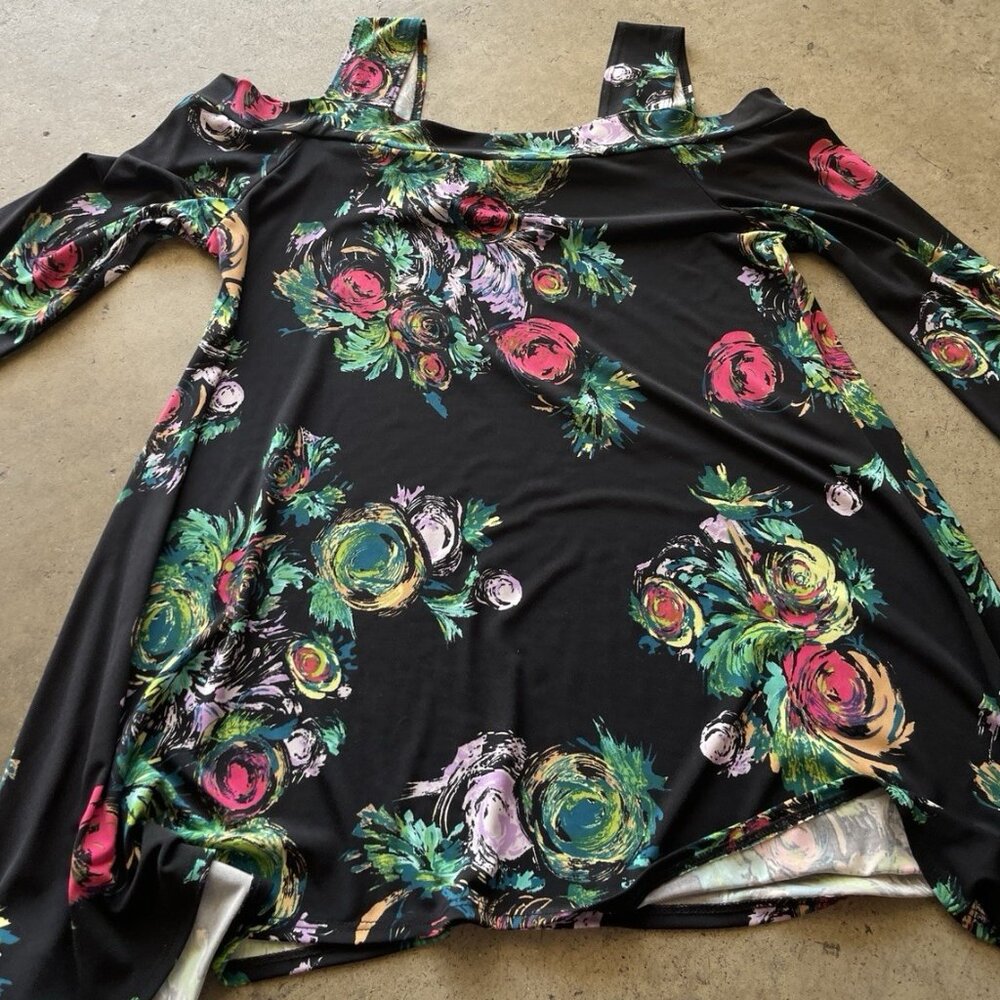 Clara Sun Woo Woman’s Large Flower Rose Print Tunic Top 3/4 Sleeve Sz M USA Made